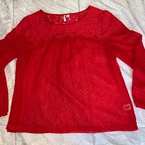 Sheer long sleeve blouse with lace neckline